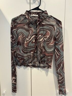 Pull&Bear Swirl Tie-Neck Long Sleeve Top - Brown & Gray